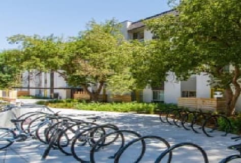 A row of empty bike racks and a few parked bicycles are in front of the white 2121 Canyon Boulder apartment building, surrounded by trees and greenery on a sunny day.