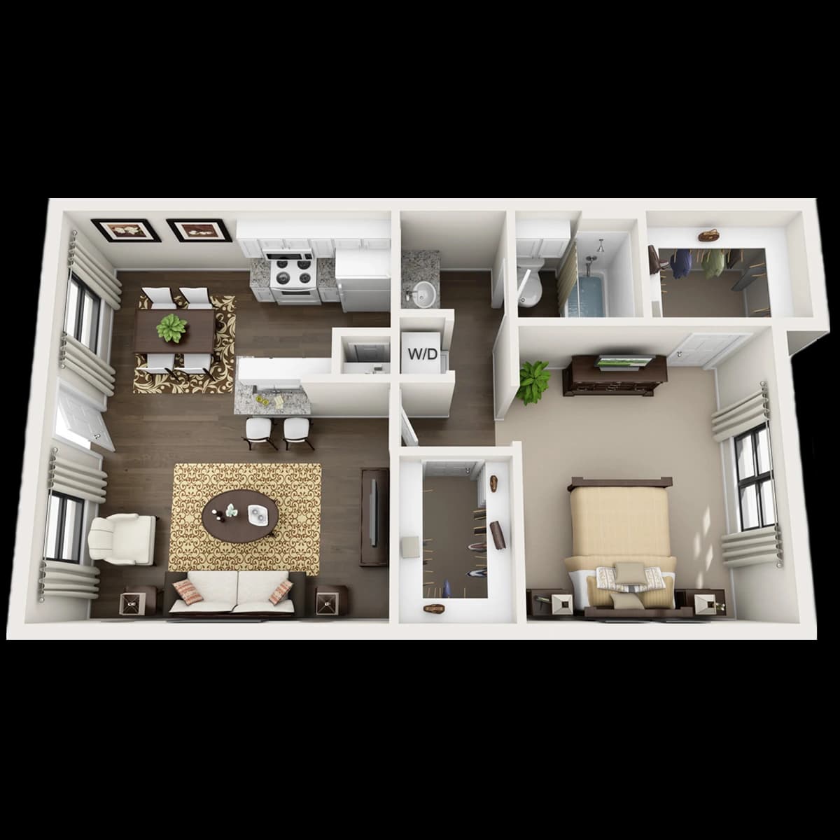 A modern living room in Landing College Station features a gray sectional sofa, patterned rug, coffee table, fireplace with TV above, wall mirror, and indoor plants. Wooden flooring and a light blue accent wall create a stylish student housing vibe.