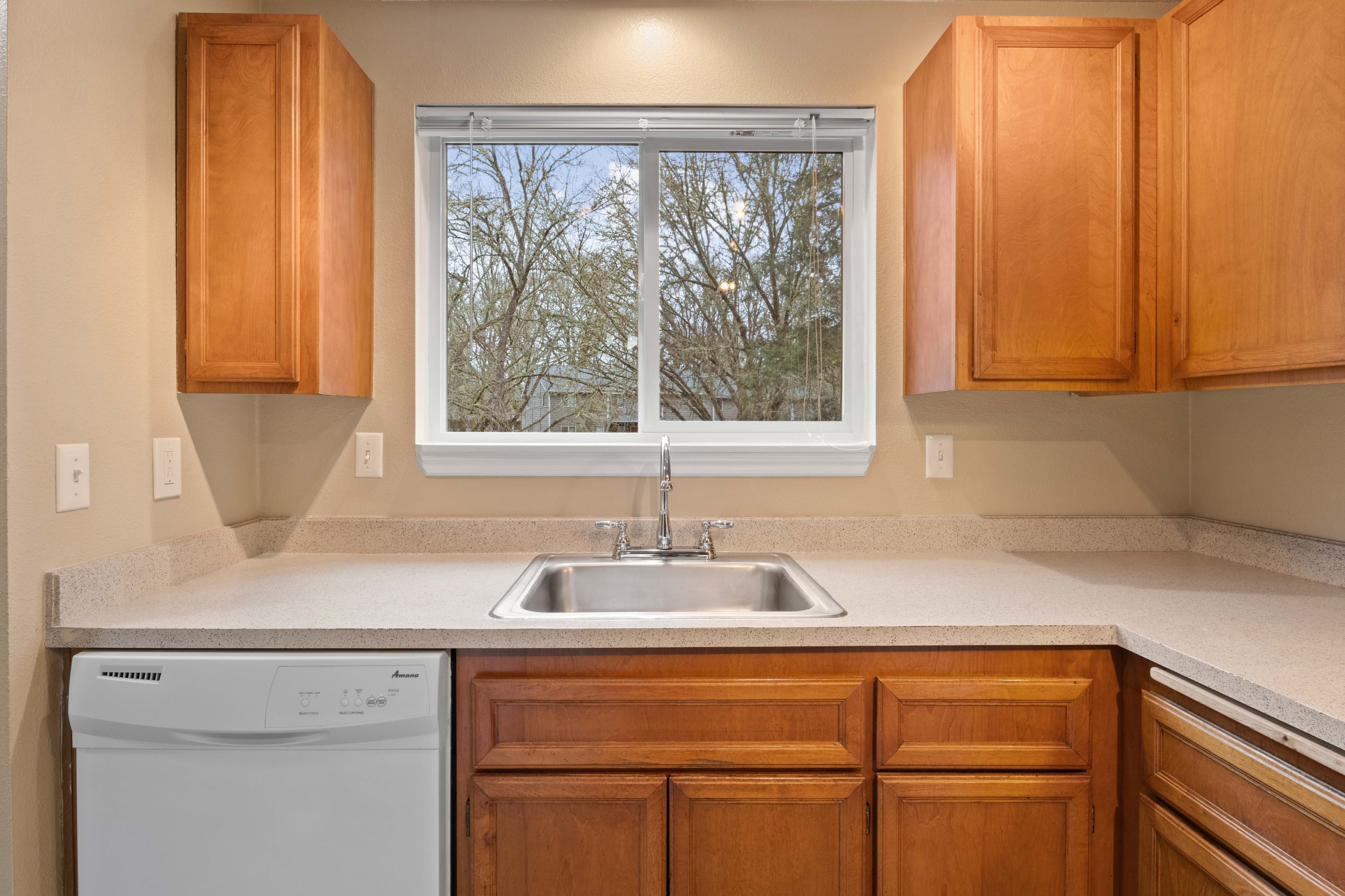 A kitchen in Witham Village features wooden cabinets, a white dishwasher, a stainless steel sink under the window, and beige countertops. Trees are visible outside through the window.
