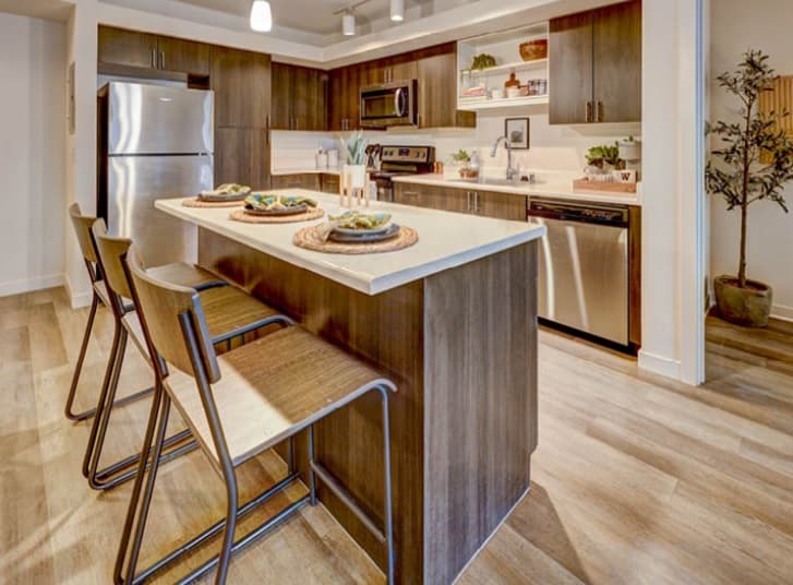 Modern kitchen at TWELVE in the U District, featuring wood cabinets, stainless steel appliances, a large island with three place settings and chairs, pendant lights above, and wood-style flooring. Plants and decor shelves add charm in the background.