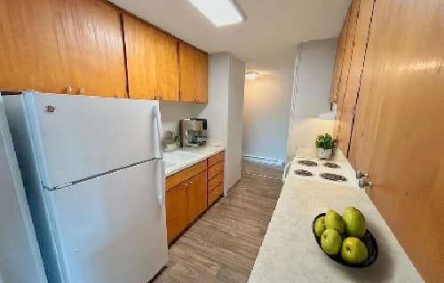 A narrow kitchen with wood cabinets, white appliances, a white countertop, a bowl of green apples, a coffee maker, and an electric stovetop, with light wood flooring and neutral walls.