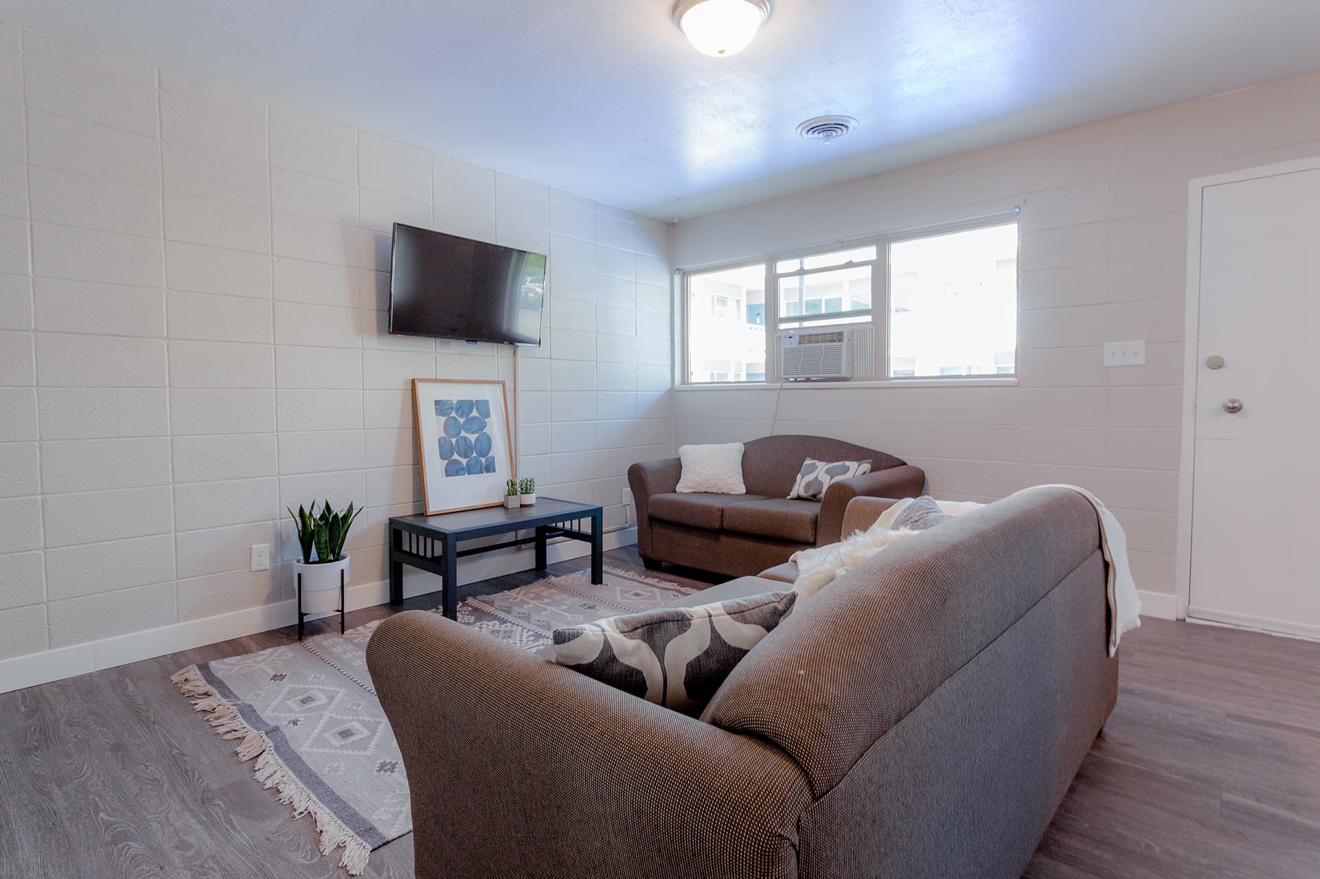 A bright living room at Campus Edge Provo features two brown sofas, a coffee table, a wall-mounted TV, an air conditioner in the window, framed artwork on the floor, and a small potted plant for a cozy touch.