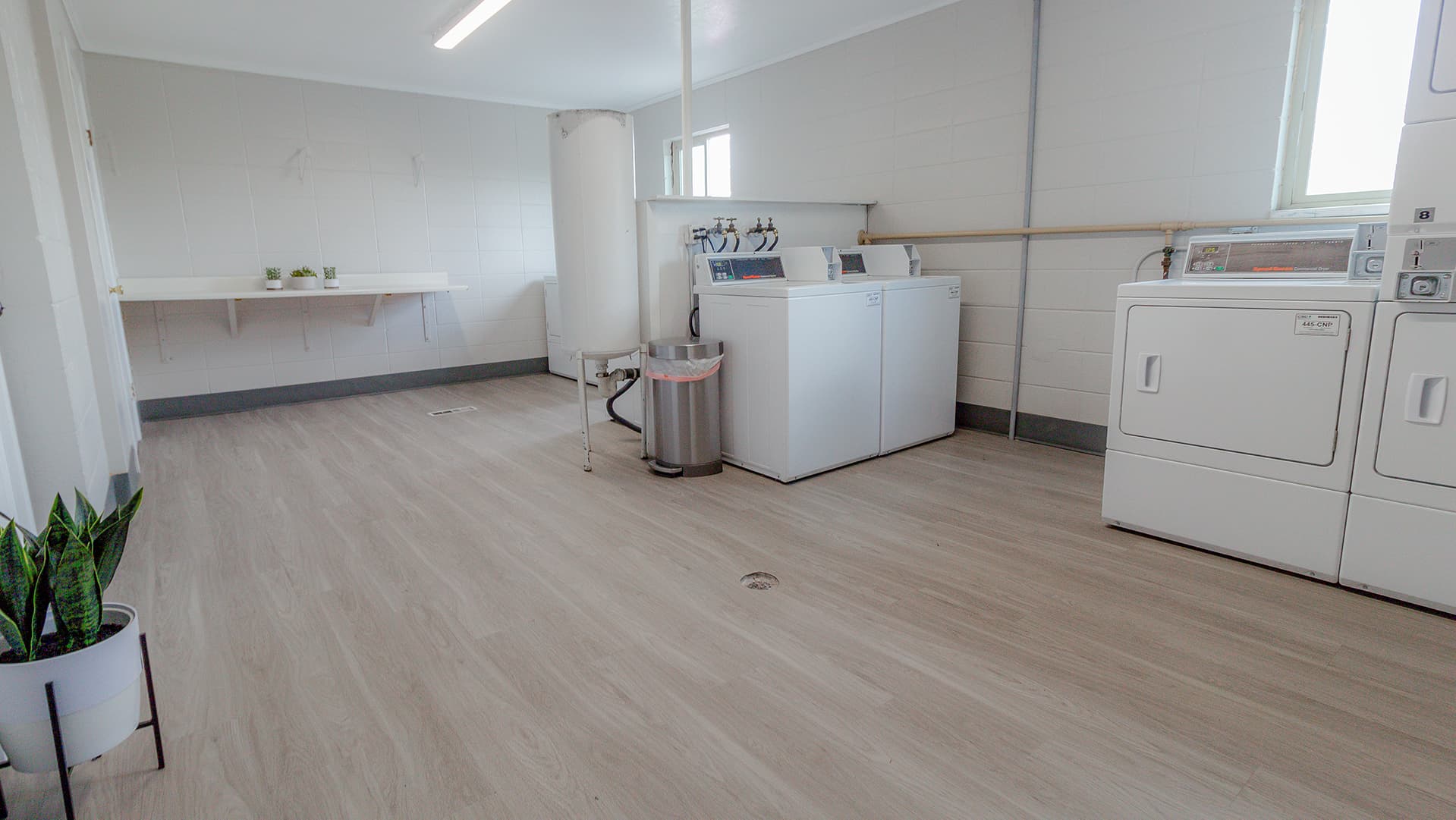 A clean, bright laundromat room at Campus Edge Provo features two washing machines, two dryers, a trash can, a plant, and a counter with green soap dispensers against white walls and light wood floors.