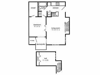 Black and white floor plan of a Morrison Park Apartments Boise unit featuring one bedroom, one bathroom, kitchen, living room, closet, storage, patio/deck, and loft. Stairs connect the loft to the living area; each room’s measurements are labeled.
