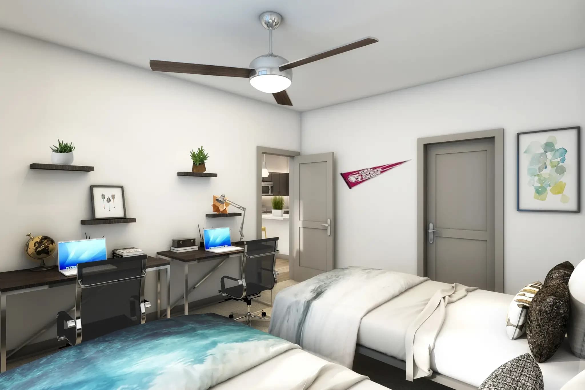 A modern dorm room at Campus Walk Chico features two beds, desks with computers and chairs, wall shelves with plants, a ceiling fan, and decor like a pennant and framed art. A door leads to another room.