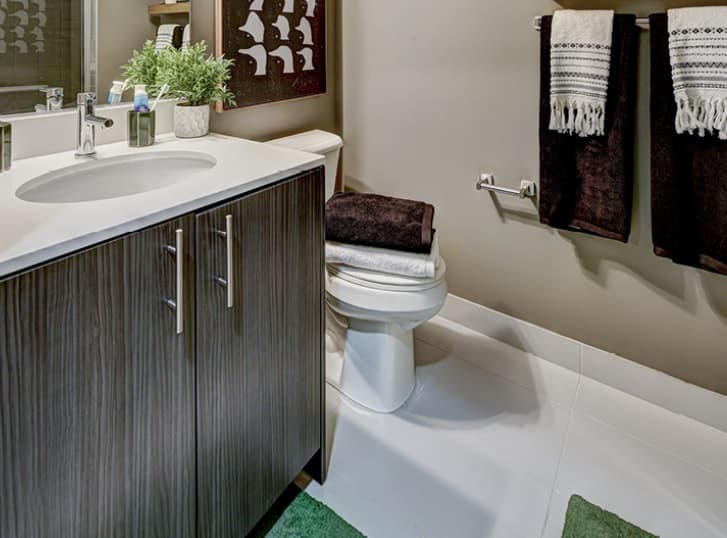 Modern bathroom in Theory U District with a dark wood vanity, white countertop, and sink. Towels are folded on the toilet, with two hand towels on the wall. A green plant and green rugs add fresh accents.