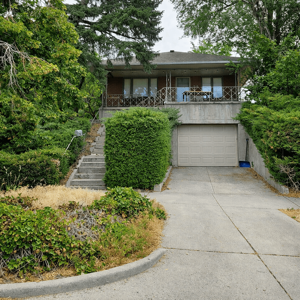 A two-story house at 745 S 1000 E features a brick upper level, concrete garage, and a driveway. Concrete steps lead to the entrance, surrounded by green bushes and trees. The covered porch offers charming railing details.