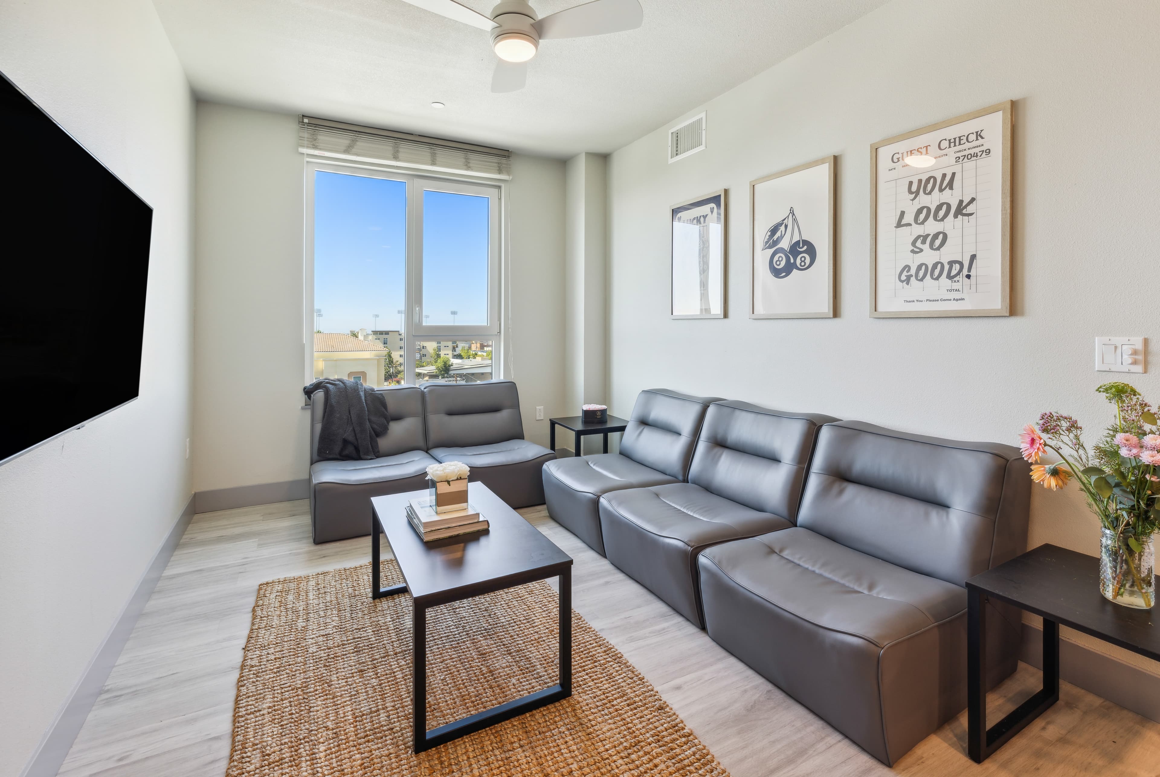 Modern living room with gray leather sofas, a woven rug, a black coffee table with books, wall art, a large window letting in natural light, and a vase of flowers on a side table. A TV is mounted on the left wall.