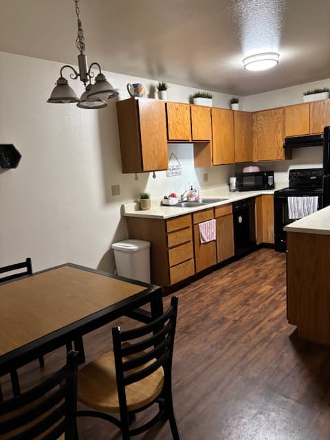 A cozy kitchen at Carriage Cove Provo features wooden cabinets, black appliances, a dining table with four chairs, potted plants above the cabinets, and a hanging light fixture over the table. The floor has a warm wood pattern.