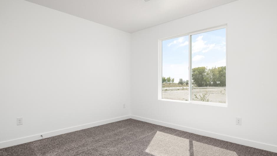 A bright, empty room with white walls, a large window showing trees and sky outside, and gray carpeted flooring. Sunlight streams through the window onto the floor.
