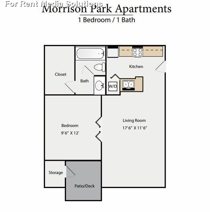 Floor plan of a one-bedroom, one-bath apartment at Morrison Park Apartments Boise, featuring a bedroom, bath, kitchen, living room, closet, storage space, washer/dryer area, and a private patio or deck.