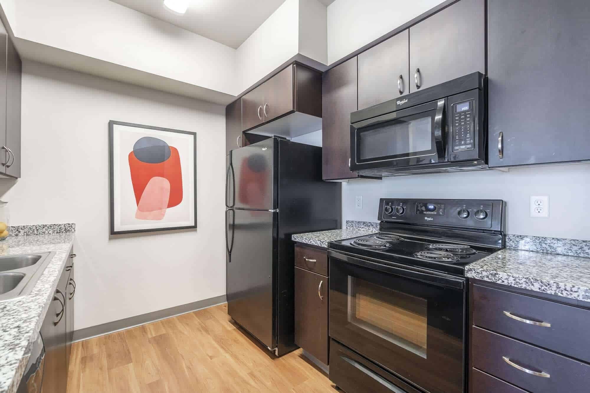 Modern kitchen at Patterson Social Eugene with dark cabinets, black appliances including a refrigerator, microwave, and stove, granite countertops, wood flooring, and abstract wall art with red and black shapes.