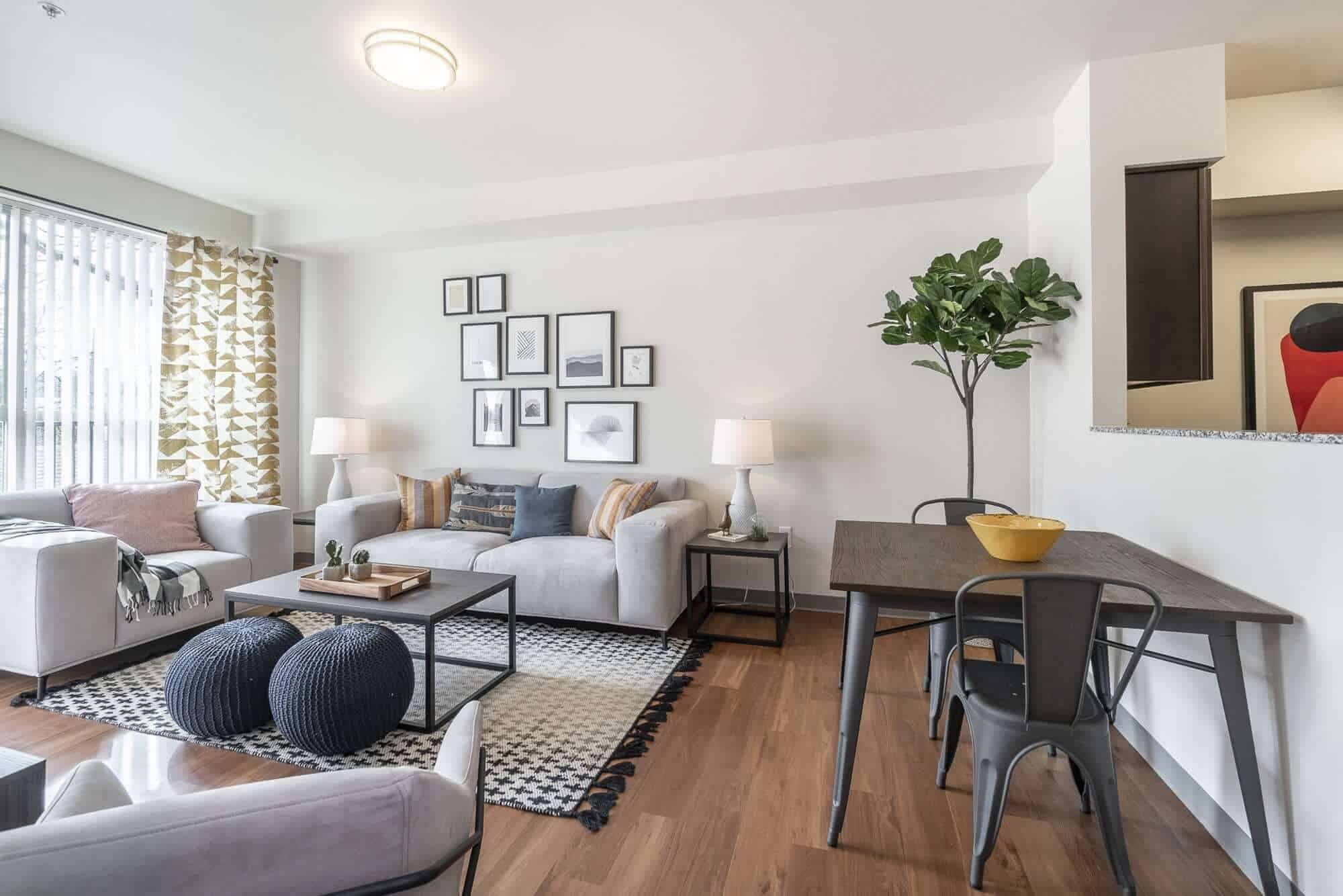 Bright, modern living and dining area at Patterson Social Eugene with light walls, wood flooring, large window with patterned curtains, gray sofas, black-and-white rug, wall art, indoor plant, and a dark dining table with black chairs.
