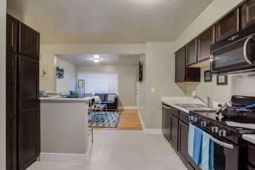 Modern kitchen in University Gardens Apartments Salt Lake City with dark cabinets, white countertops, gas stove, and microwave. The space opens to a living room with a blue rug, couch, coffee table, and large window letting in natural light.