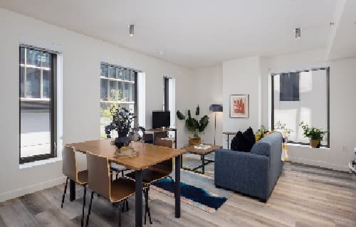 Modern, bright living and dining area at Ace Berkeley with large windows, wooden dining table with four chairs, blue sofa, coffee table, houseplants, and minimalist decor on light wood flooring.