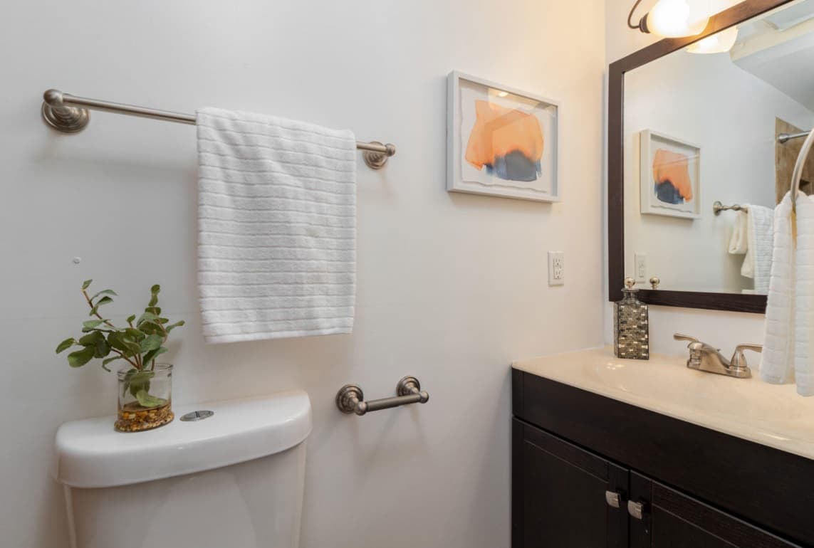 Bathroom at Buffalo Canyon Apartments Boulder featuring a white towel on a metal rack, a toilet topped with a small plant in a glass, a sink with soap dispenser, large mirror, and abstract wall art above the toilet.