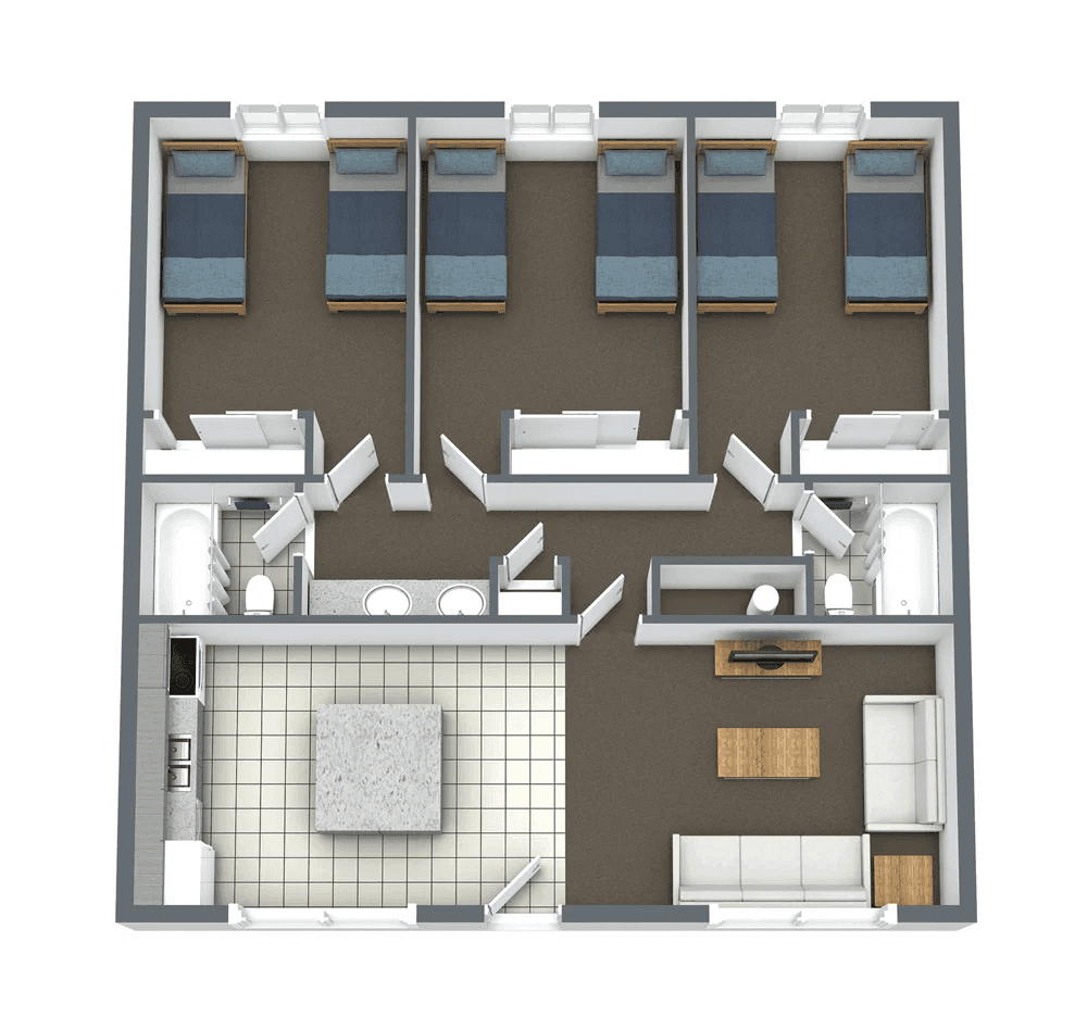 3D floor plan of a Campus Way Provo unit: five bedrooms in a row with single beds, two bathrooms, a kitchen with an island, and a living area featuring couches and a TV stand. Interior walls and doors define each space.