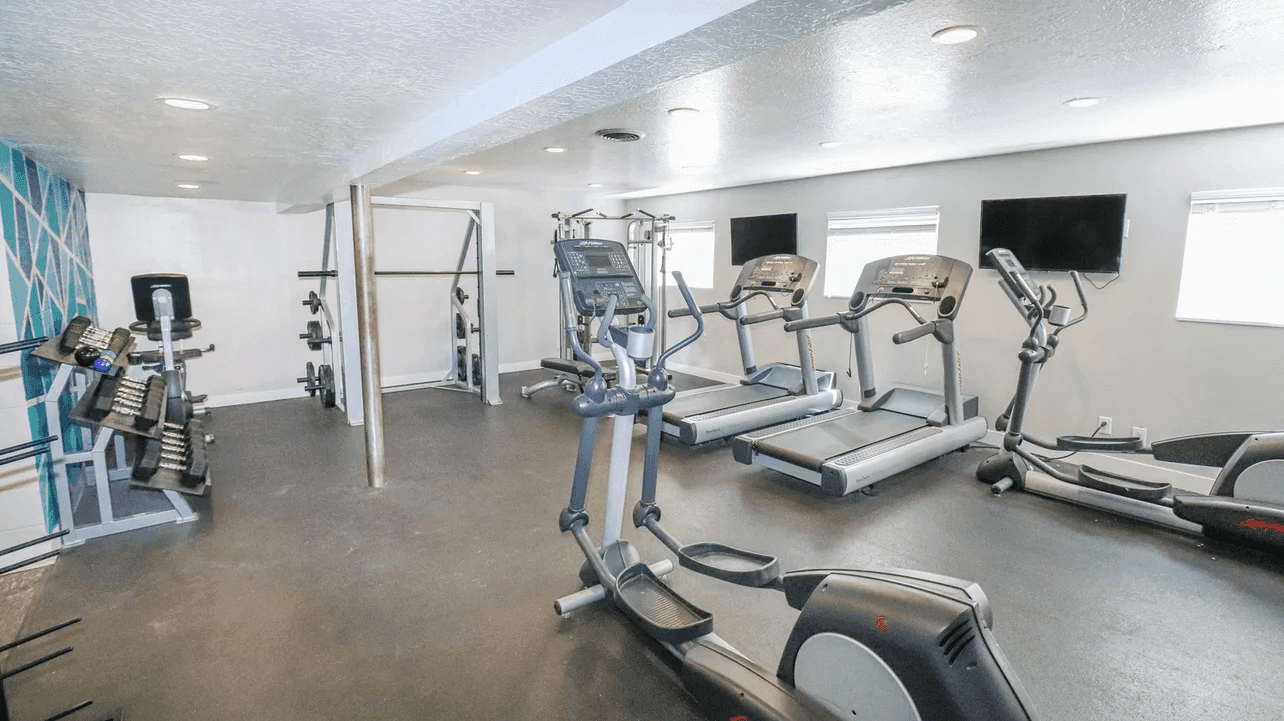 A modern gym at Campus Way Provo features treadmills, elliptical machines, stationary bikes, dumbbells, weight benches, and two wall-mounted TVs. The room boasts white walls, overhead lighting, and large windows for plenty of natural light.