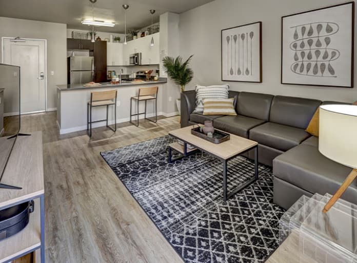 Modern open-plan living room and kitchen with gray sectional sofa, patterned rug, light wood floors, bar stools at a kitchen island, stainless steel appliances, and minimalist wall art.