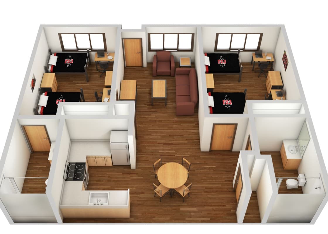 3D floor plan of a furnished Aztec Corner Apartments unit with two bedrooms, each with two beds, a shared living room with couches and tables, a kitchen, dining area for four, and a bathroom featuring a shower.