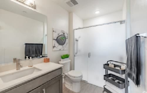 Modern bathroom with a sink, mirror, and gray Element by Stuho vanity on the left, toilet in the center, and a walk-in shower with a frosted glass door. Black towels, a tiered cart, and small decor items accent the clean space.