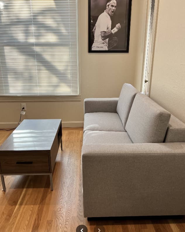 A small living room with a gray sofa, a wooden coffee table, sunlight streaming through window blinds, and a framed picture of a man celebrating on the wall.