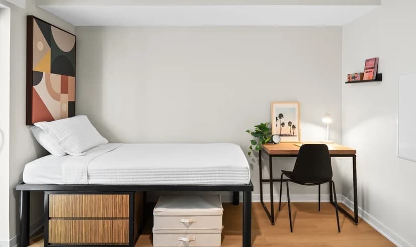 A minimalist bedroom at FOUND Study Downtown Berkeley features a neatly made single bed with storage drawers, a desk and chair, a desk lamp, framed art, a small plant, and abstract wall art above the bed.