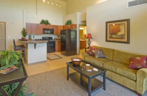 A modern open-plan living room and kitchen at the Flats at the Oval Fort Collins features a green sofa, coffee table, decorative plants, and framed tree artwork. The kitchen offers wood cabinets, black appliances, and a breakfast bar with stools.