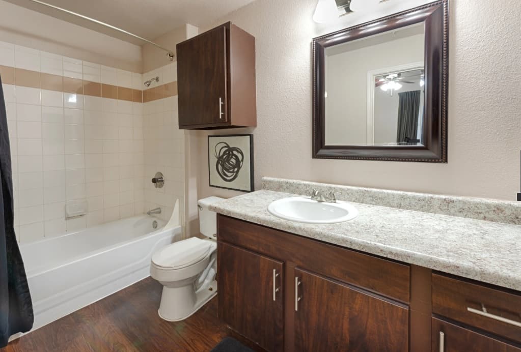 Modern bathroom in Chico Student Housing with a white bathtub and shower, toilet, dark wood vanity with white countertop and sink, large framed mirror, wall art, and wood-style flooring. Light walls and ceiling fixture above the mirror.