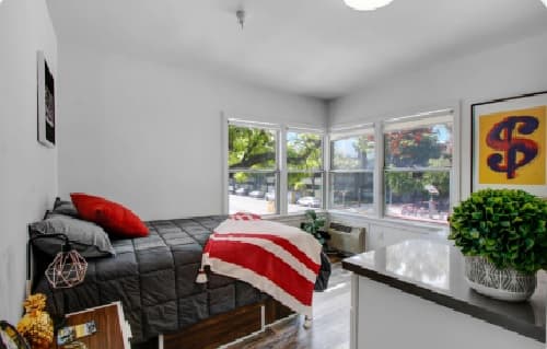 A bright, modern Heritage bedroom with a single bed, gray bedding, red accent pillows, and a Heritage 2831 red-and-white striped blanket. Large windows let in sunlight and show trees outside. There’s a potted plant and colorful wall art.
