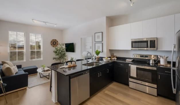 Modern kitchen and living area by HERE Reno, featuring black and white cabinets, stainless steel appliances, a sleek black island countertop with sink, sofa, coffee table, TV, and large windows that fill the space with natural light.