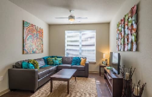 A modern living room perfect for Student Living in Hayward, featuring a gray sectional sofa, colorful pillows, a wooden coffee table, wall art, TV on a stand, and a large window filling the space with natural light.
