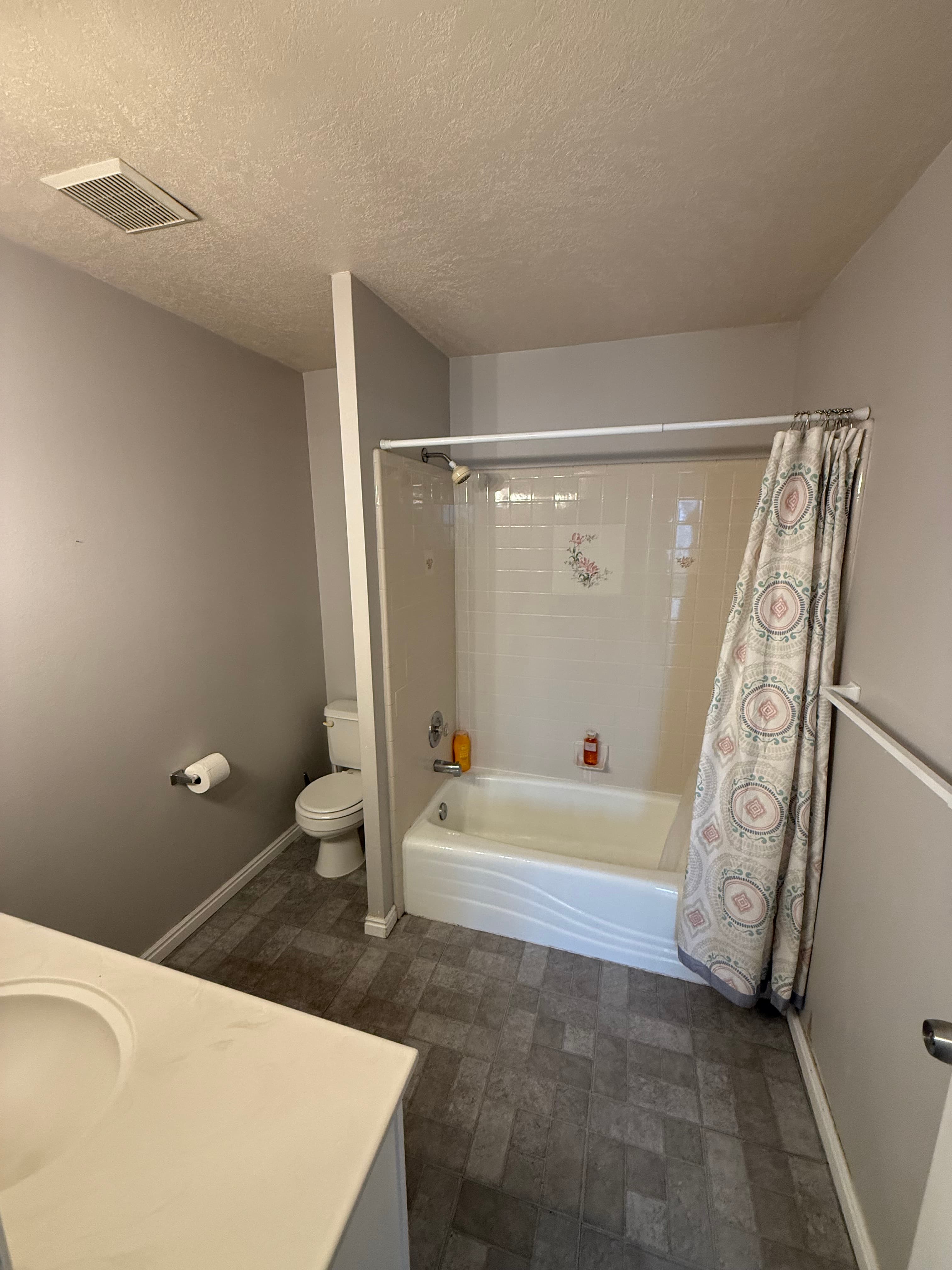 A bathroom at 282 W 960 S, APT C features gray walls, a white bathtub with shower curtain, floral tile accent, toilet, towel bar, and a white sink vanity on a gray tile floor.