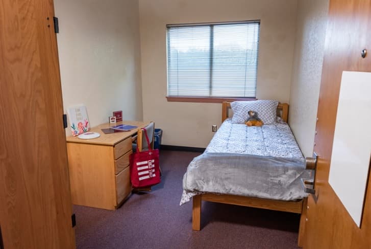 A small dorm room with a single bed, gray bedding, a teddy bear, a wooden desk with a closed laptop, books, a lamp, a red bag on the floor, and a window with blinds letting in natural light.