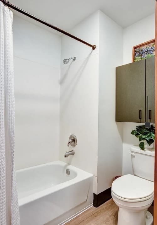 A small bathroom in Nordheim Court student housing features a white bathtub and shower with a curtain, a toilet, wall-mounted cabinet, green plant, framed picture above the cabinet, and wood-patterned flooring.