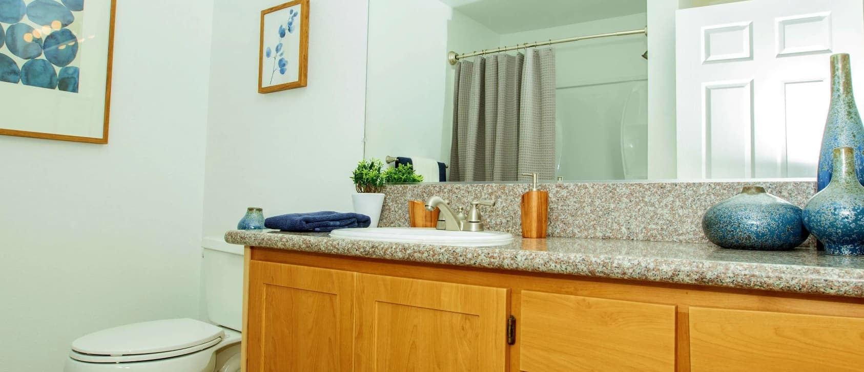 A modern bathroom at Oak Vale Apartments features light wood cabinets, a granite countertop, blue decorative vases, a potted plant, towels, framed artwork, a toilet, and a shower with a gray curtain and white door.