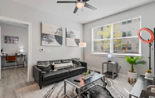 A modern living room at Park Place at Reno Reno features a gray sofa, striped pillows, contemporary artwork, a large window, coffee table decor, an indoor plant, and a ceiling fan with light. A workspace is visible through the doorway.