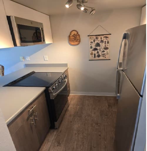 A small, modern kitchen in Pacific Sunrise features wood-style flooring, stainless steel appliances, light countertops, wall-mounted cabinets, an electric stove, and two wall decorations—ideal for U-District student housing.