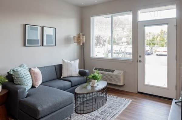 Modern living room in Quad Corvallis student housing features a dark gray sectional sofa, light throw pillows, a round coffee table with plants, two abstract art pieces, large window, and a glass door letting in natural light.