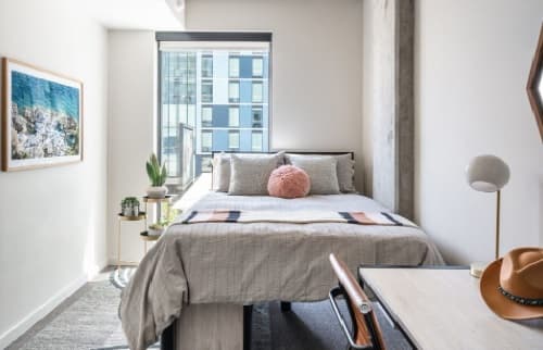 A bright, modern bedroom at Rev Northgate features a neatly made bed, decorative pillows, a desk with a chair and hat, plants on the bedside table, a large window, and a framed landscape photo—ideal student housing for comfort and style.