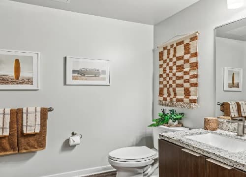 A modern bathroom at Standard at Berkeley features a toilet, sink, and granite countertop. Two brown plaid towels hang on the wall alongside surf-themed artwork, a checkered wall hanging, and a plant near the sink.