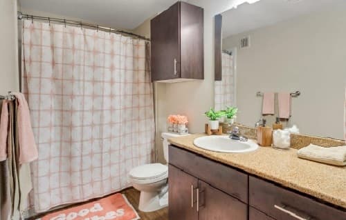 A modern Sol Tempe Apartments bathroom in Tempe features a shower with a pink patterned curtain, wooden cabinets, beige countertop, white sink, potted plant, towels, and a pink rug that says “Good Vibes.”.