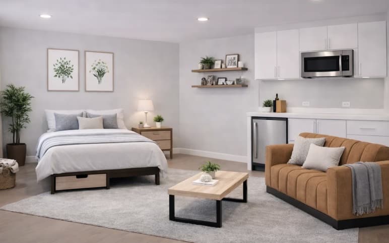 Modern studio apartment with a bed, nightstand, and potted plants on the left, an orange sofa and coffee table on a gray rug in the center, and a kitchenette with white cabinets and a microwave on the right.