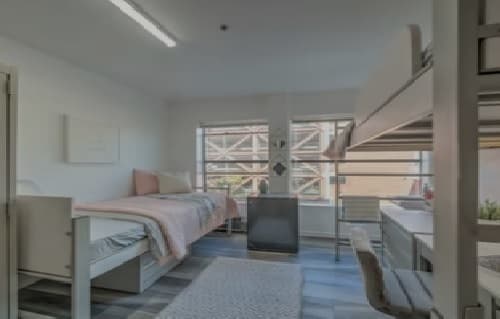 A bright, modern dorm room at Telegraph Commons Apartments with two beds—one low and one lofted—desks, chairs, large windows, and light-colored decor featuring soft bedding and a textured rug.
