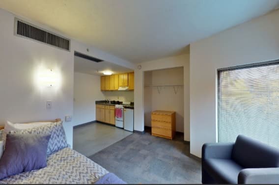 A small, bright studio apartment with a bed, gray armchair, dresser, open closet, and a kitchenette featuring light wood cabinets, a sink, and an oven, next to a large window with blinds.