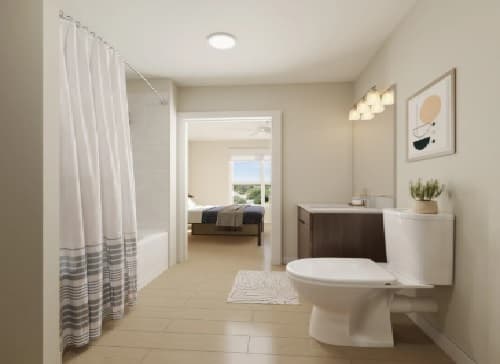 Modern bathroom with light wood flooring, white toilet, vanity and sink, mirror, wall art, potted plant, and a shower-tub combo with striped curtain. A bedroom is visible through an open door—perfect for your Mark Fort Collins home.