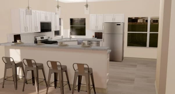 Modern kitchen at The Outpost Fort Collins with white cabinets, stainless steel appliances, a large island with gray countertop, four metal barstools, pendant lighting, and windows letting in natural light.