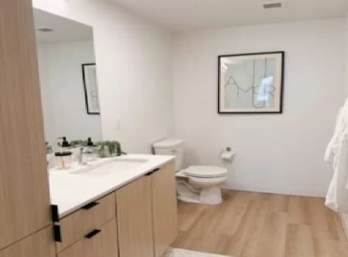 A modern bathroom with light wood cabinets, a white countertop with a sink, a toilet, a wall-mounted toilet paper holder, a framed AMOR print, and a light wood floor. A robe hangs on the wall.