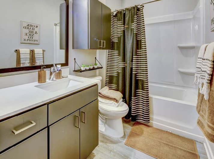 Modern bathroom at U Club on 28th Boulder with a dark vanity, white countertop, mirror, and brown-striped shower curtain. Towels hang by the bathtub, and a small rug is by the toilet. Shelves display decor and toiletries.