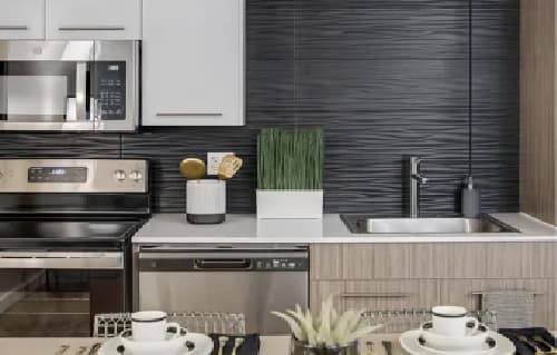 Modern kitchen at University Valley Apartments Tempe with stainless steel appliances, including a stove, microwave, and dishwasher. Features a sink, potted plant, and two place settings on the countertop. Dark, textured backsplash adds style.